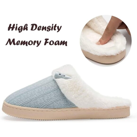 Women's Light Blue Scuff Faux Fur Lining Memory Warm Foam Plush Slippers Shoes - Picture 4 of 9